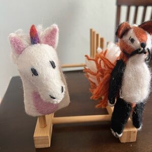 Handcrafted Felt and knit Wool Unicorn, Fox, Dragon and Sheep Finger Puppets (4)